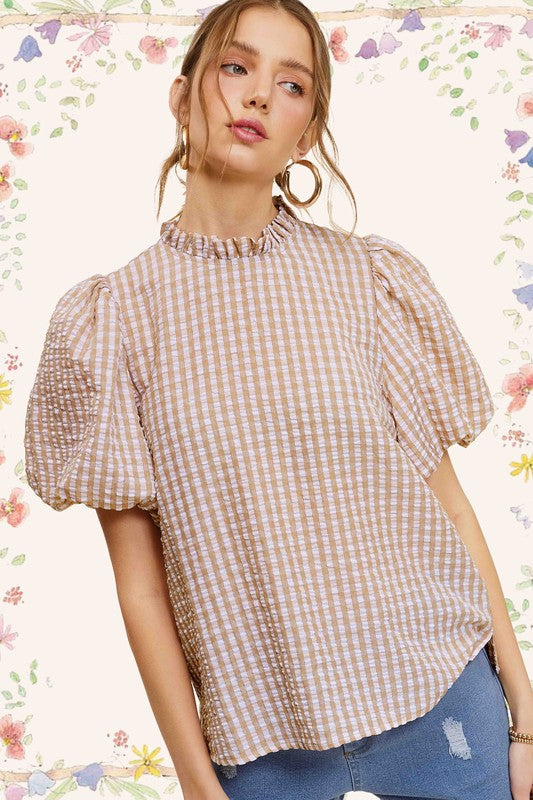 La Miel Gingham Check Print Puff Sleeve Top