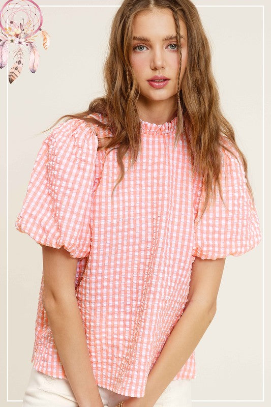 La Miel Gingham Check Print Puff Sleeve Top