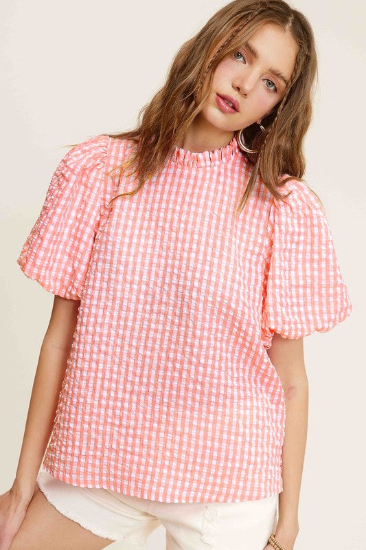 La Miel Gingham Check Print Puff Sleeve Top