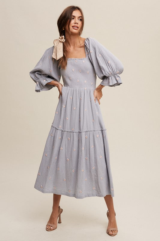 Listicle Ditzy Floral Embroidery Puff Sleeve Maxi Dress