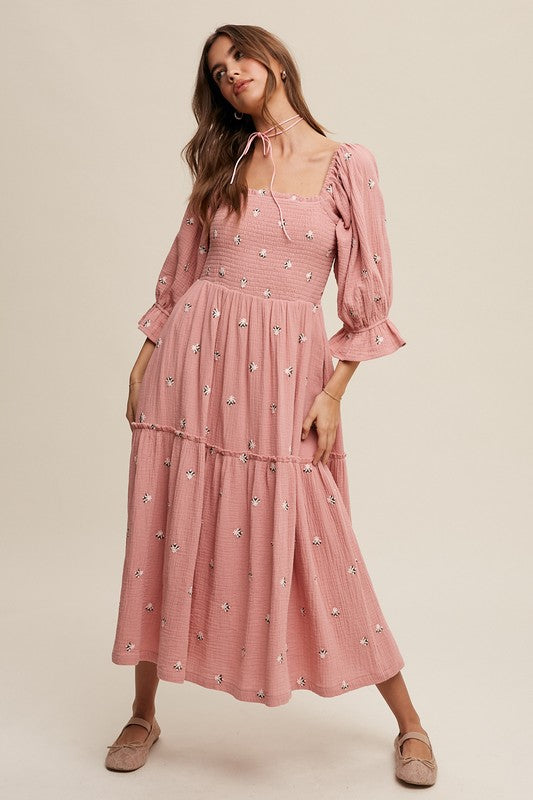 Listicle Ditzy Floral Embroidery Puff Sleeve Maxi Dress