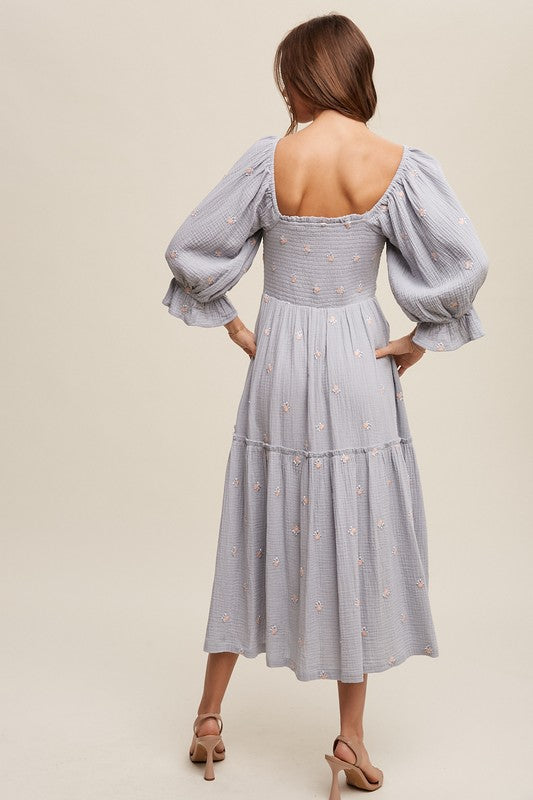 Listicle Ditzy Floral Embroidery Puff Sleeve Maxi Dress