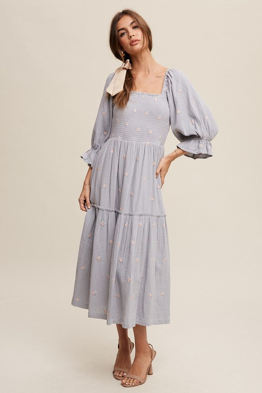 Listicle Ditzy Floral Embroidery Puff Sleeve Maxi Dress