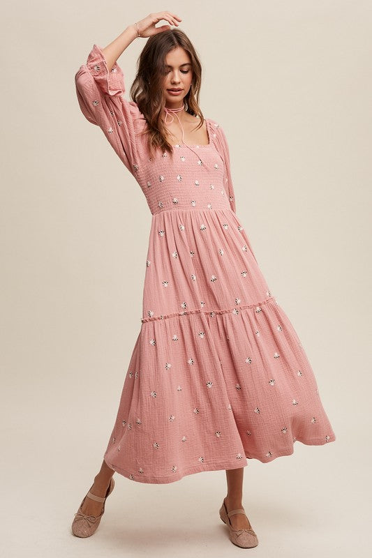 Listicle Ditzy Floral Embroidery Puff Sleeve Maxi Dress