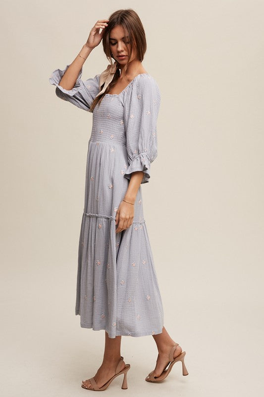 Listicle Ditzy Floral Embroidery Puff Sleeve Maxi Dress