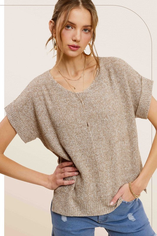 La Miel Soft Lightweight V-Neck Short Sleeve Sweater Top