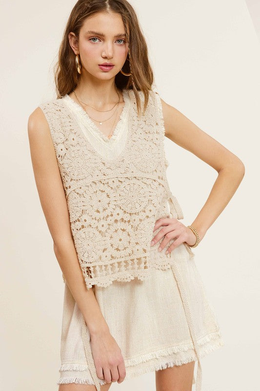 La Miel Self Side Tie Detailed Crochet Vest Top