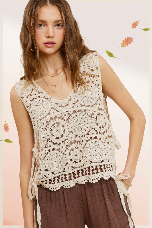 La Miel Self Side Tie Detailed Crochet Vest Top