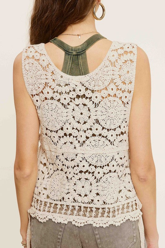 La Miel Self Side Tie Detailed Crochet Vest Top