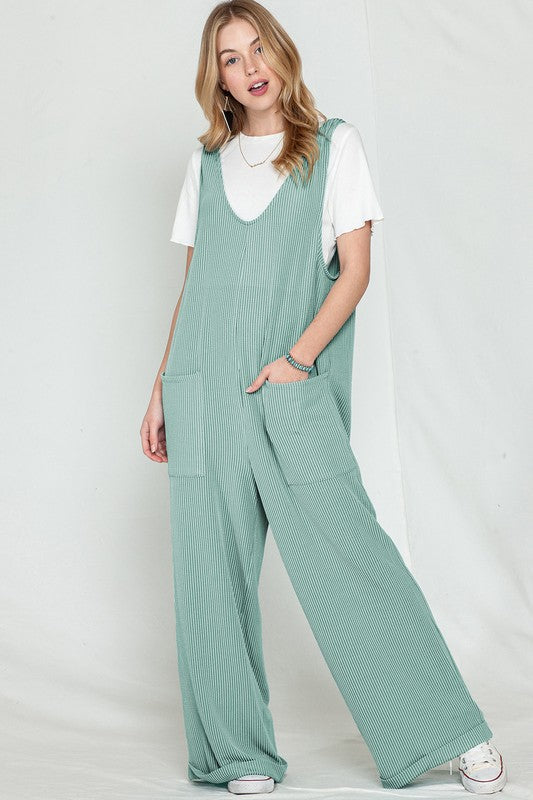 SHEWIN Corded Tie Straps V Neck Wide Leg Jumpsuit