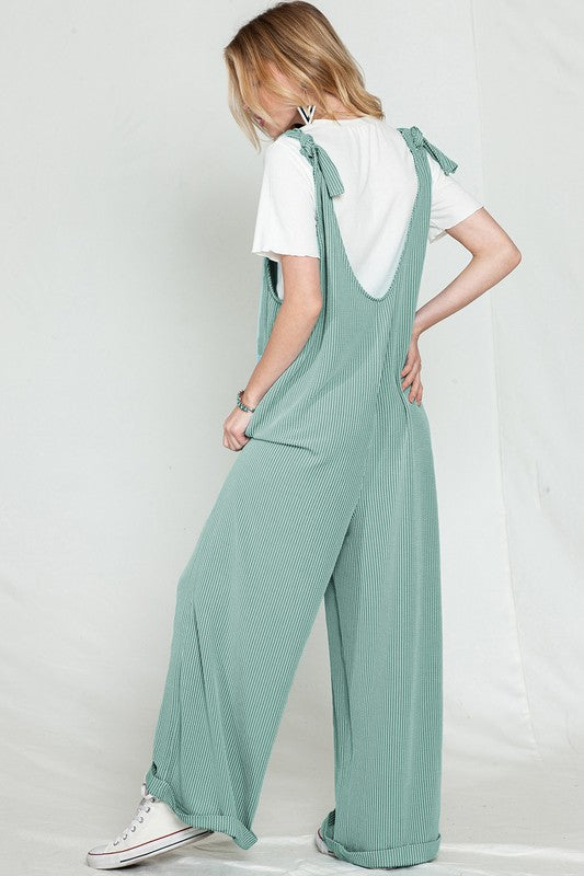 SHEWIN Corded Tie Straps V Neck Wide Leg Jumpsuit