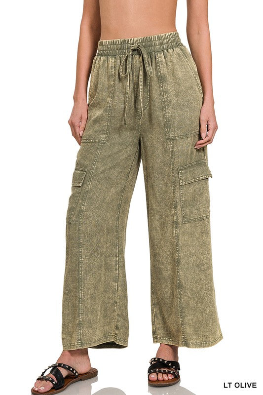 ZENANA Washed Linen Elastic Band Waist Cargo Pants