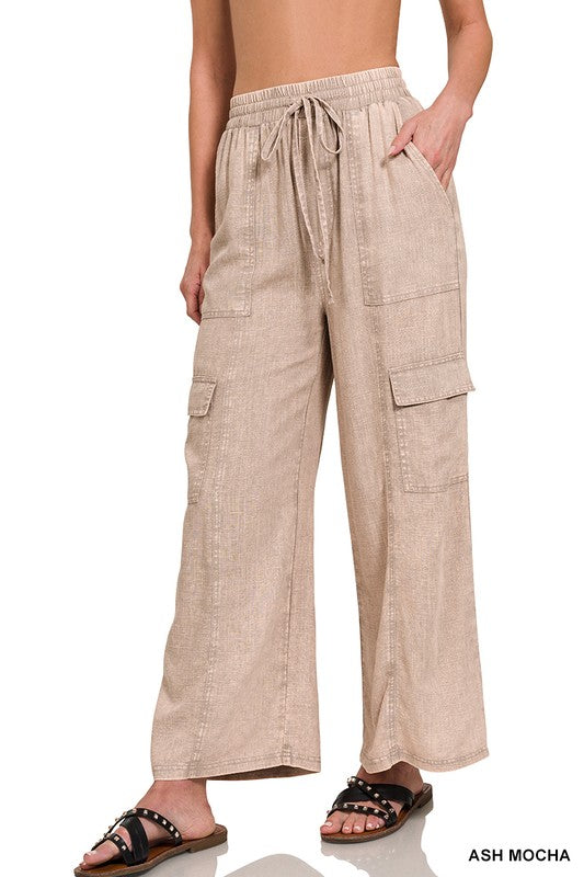 ZENANA Washed Linen Elastic Band Waist Cargo Pants