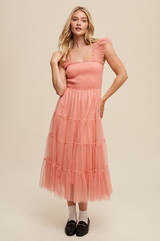 Listicle Smocked Ruffle Tiered Mesh Midi Maxi Dress