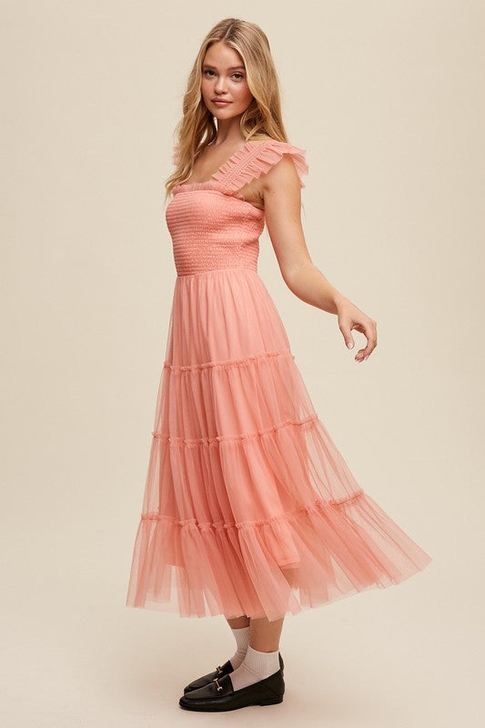 Listicle Smocked Ruffle Tiered Mesh Midi Maxi Dress