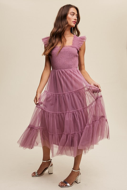 Listicle Smocked Ruffle Tiered Mesh Midi Maxi Dress