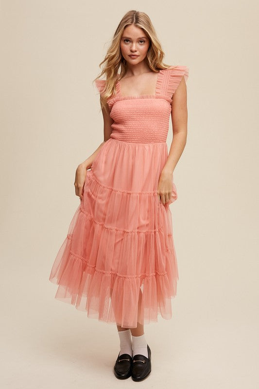 Listicle Smocked Ruffle Tiered Mesh Midi Maxi Dress