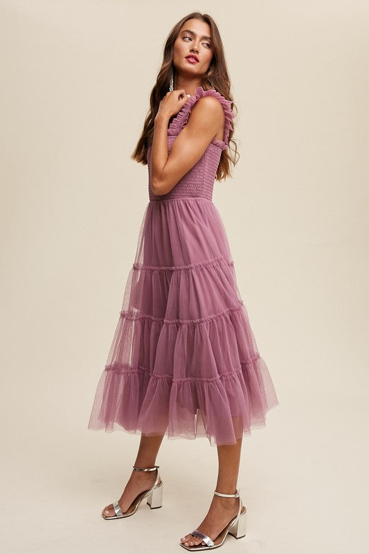 Listicle Smocked Ruffle Tiered Mesh Midi Maxi Dress