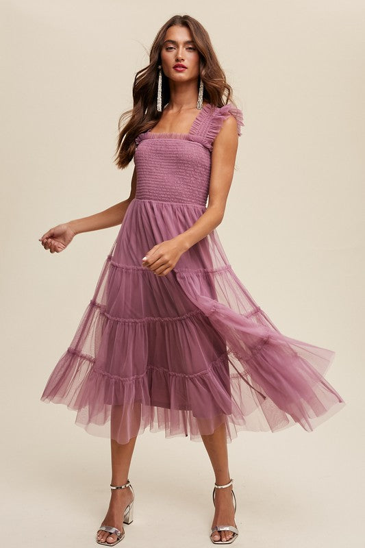 Listicle Smocked Ruffle Tiered Mesh Midi Maxi Dress