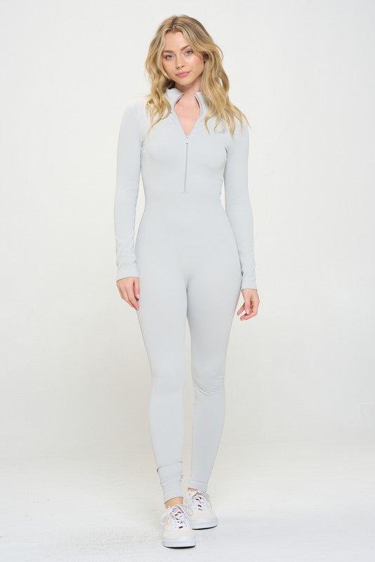 OTOS Active Ribbed Knit Jumpsuit Long Sleeve Zip-up
