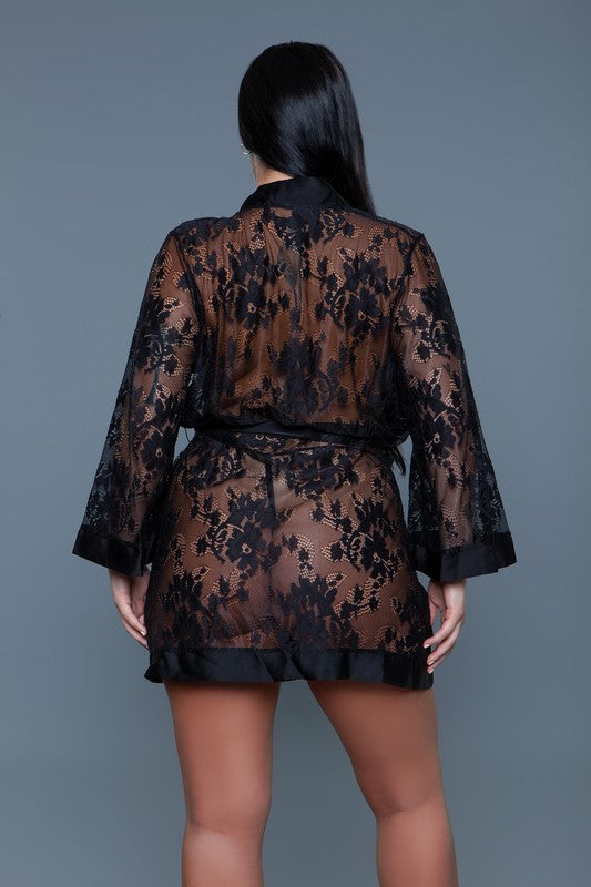 BE WICKED Delia Sheer Lace Robe with Satin Trim