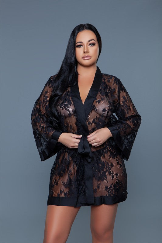 BE WICKED Delia Sheer Lace Robe with Satin Trim