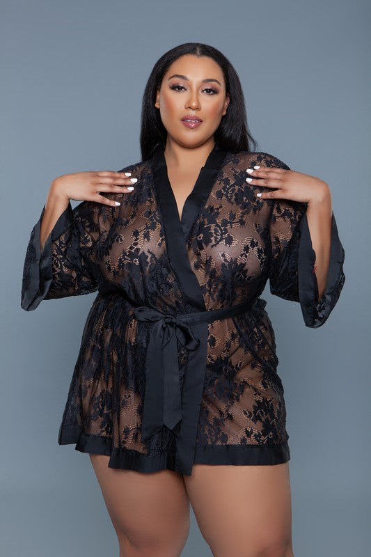 BE WICKED Delia Sheer Lace Robe with Satin Trim