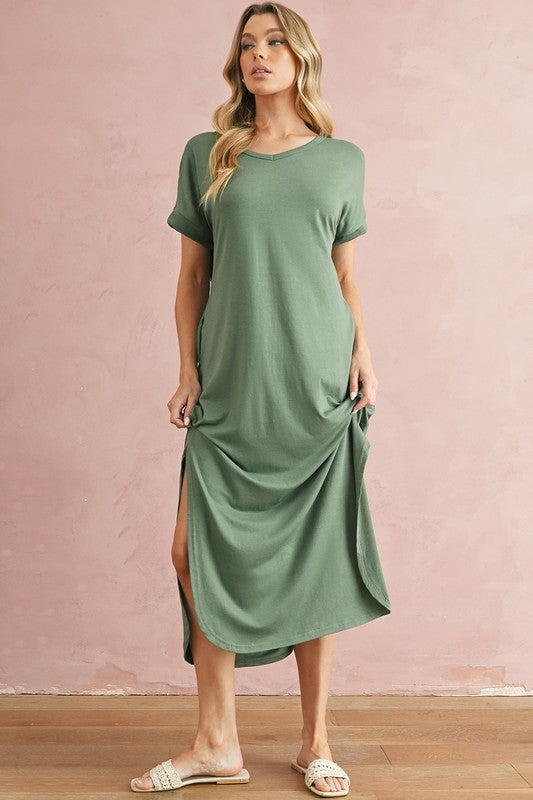 SHEWIN V Neck Hidden Pocket Splits Maxi T-shirt Dress