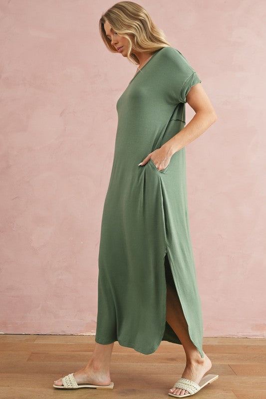 SHEWIN V Neck Hidden Pocket Splits Maxi T-shirt Dress