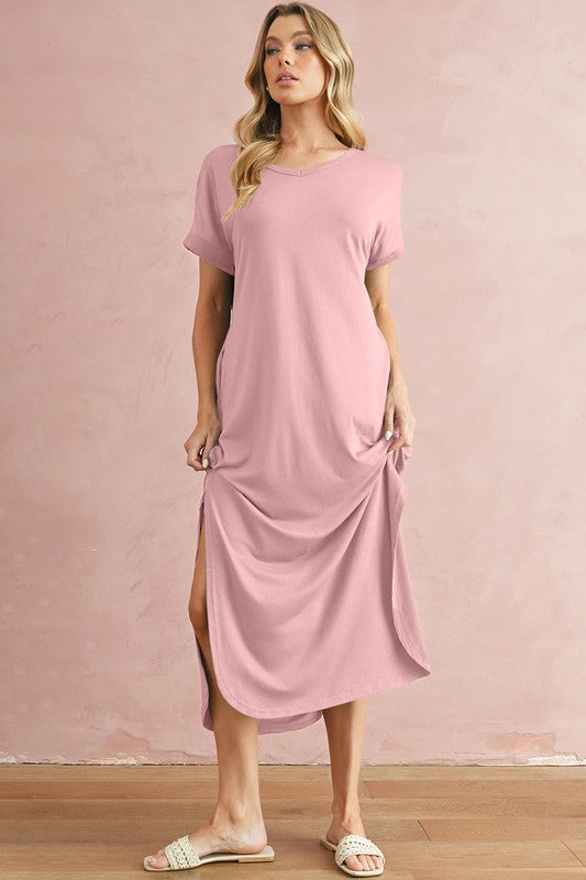 SHEWIN V Neck Hidden Pocket Splits Maxi T-shirt Dress