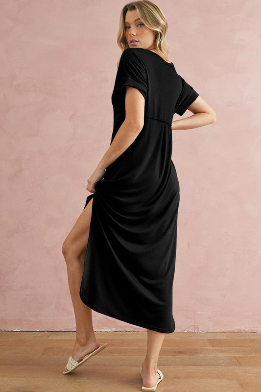 SHEWIN V Neck Hidden Pocket Splits Maxi T-shirt Dress