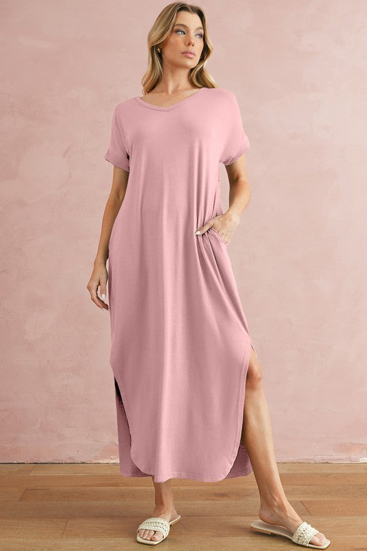 SHEWIN V Neck Hidden Pocket Splits Maxi T-shirt Dress