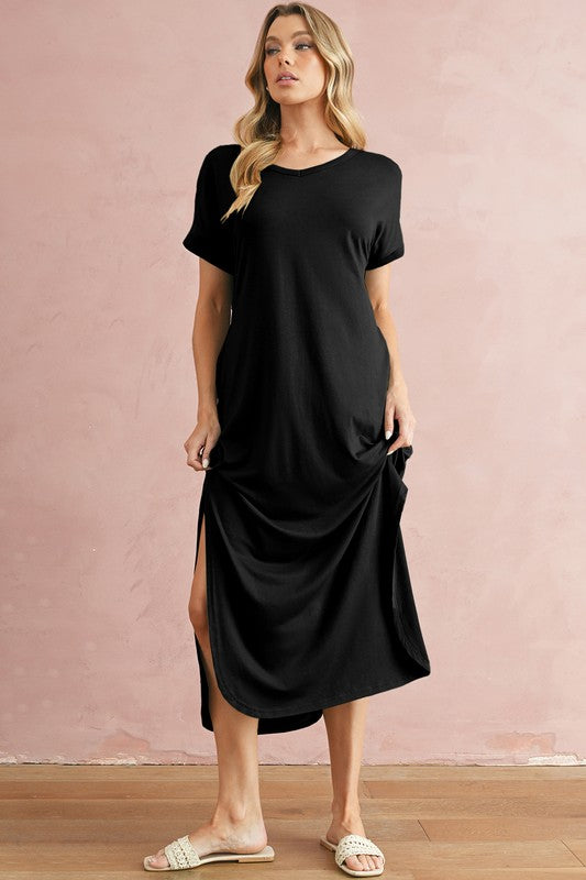 SHEWIN V Neck Hidden Pocket Splits Maxi T-shirt Dress