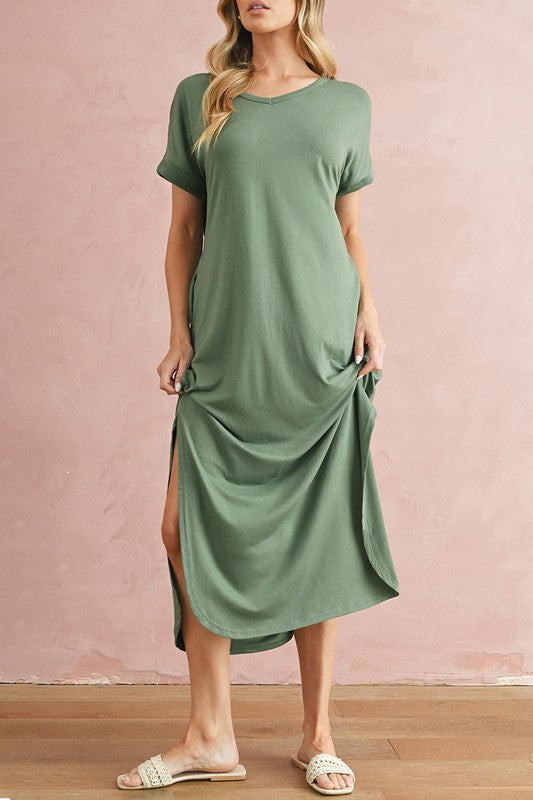 SHEWIN V Neck Hidden Pocket Splits Maxi T-shirt Dress