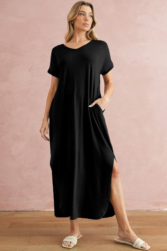 SHEWIN V Neck Hidden Pocket Splits Maxi T-shirt Dress