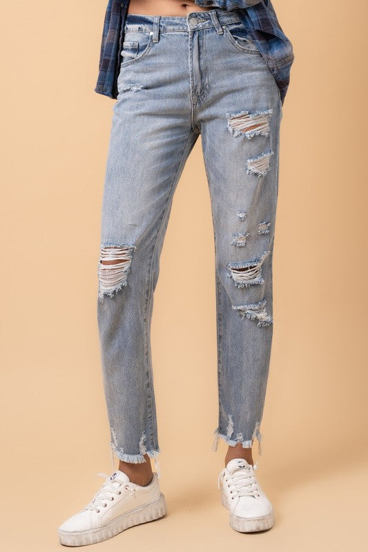 Denim Lab USA Fray Distressed Girlfriend Jeans