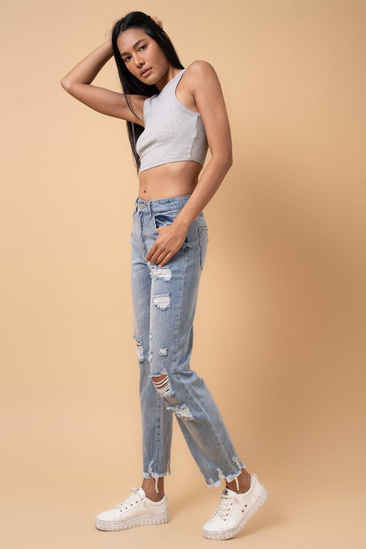 Denim Lab USA Fray Distressed Girlfriend Jeans