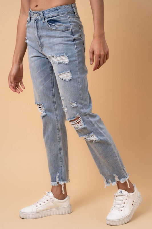 Denim Lab USA Fray Distressed Girlfriend Jeans