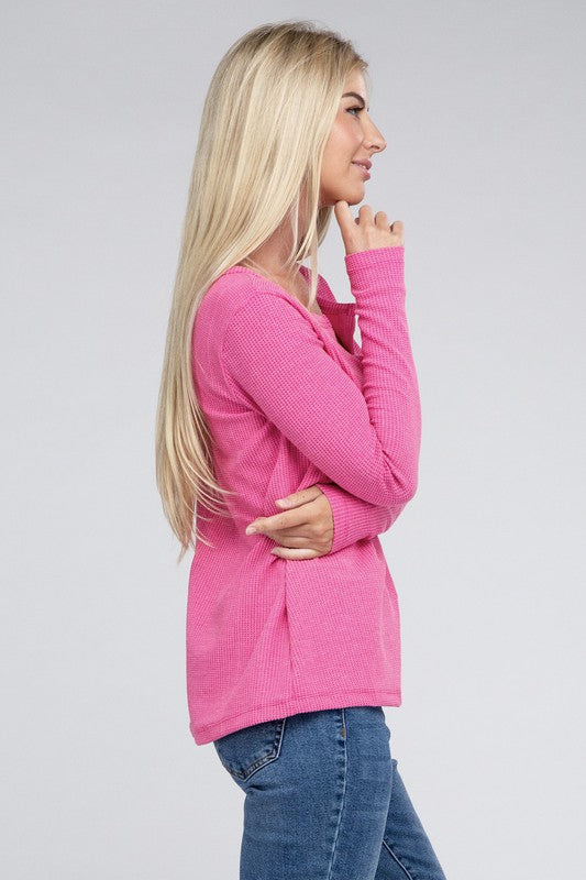 ZENANA Melange Baby Waffle V-Neck Long Sleeve Top