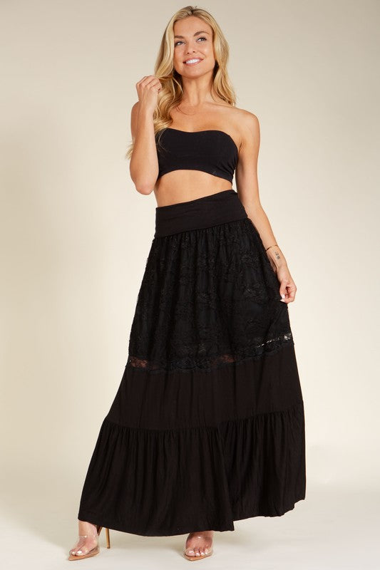 Orange Farm Lace Combo Tier Ruffle Maxi Skirt