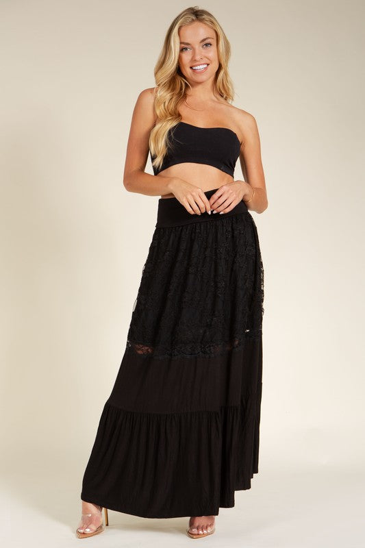 Orange Farm Lace Combo Tier Ruffle Maxi Skirt