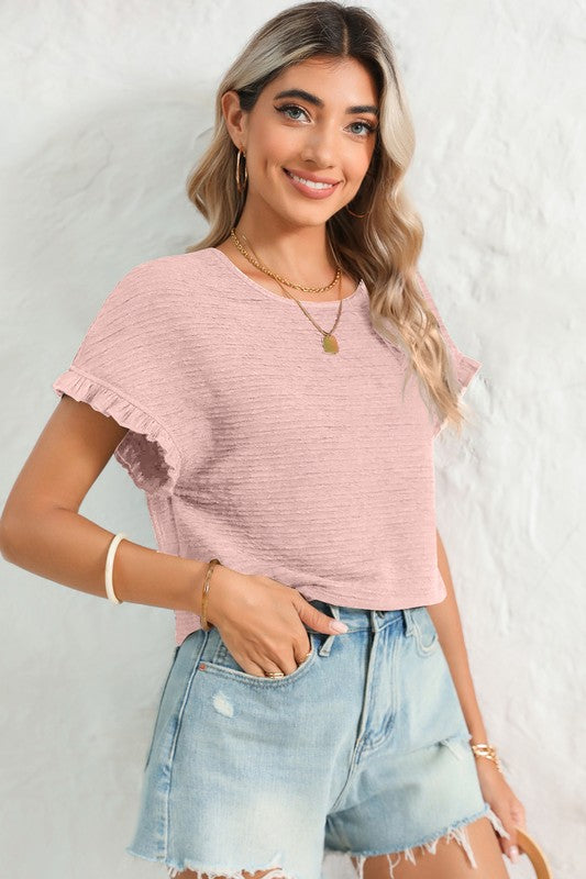 SHEWIN INC. Solid Textured Ruffled Short Sleeve Blouse