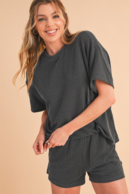 SHEWIN Ribbed Textured Knit Loose Fit Tee and Shorts Set