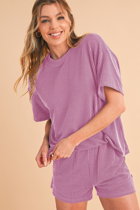 SHEWIN Ribbed Textured Knit Loose Fit Tee and Shorts Set