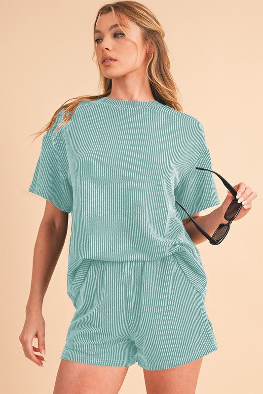 SHEWIN Ribbed Textured Knit Loose Fit Tee and Shorts Set