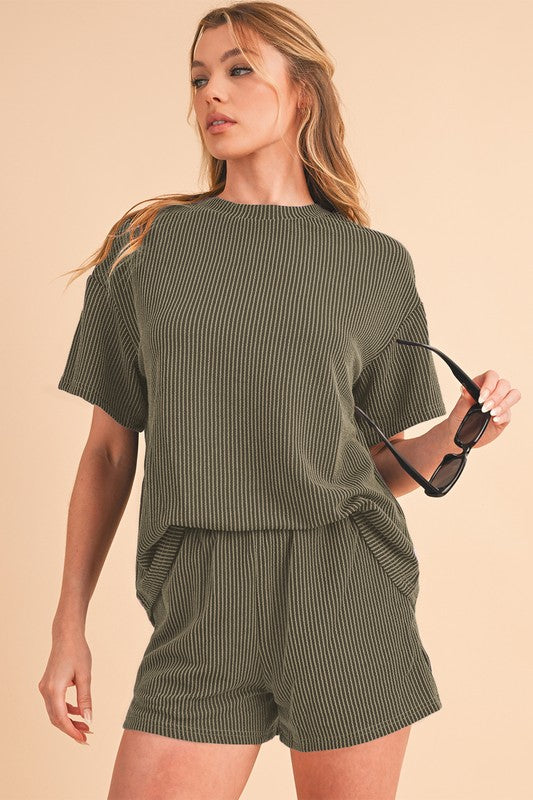 SHEWIN Ribbed Textured Knit Loose Fit Tee and Shorts Set