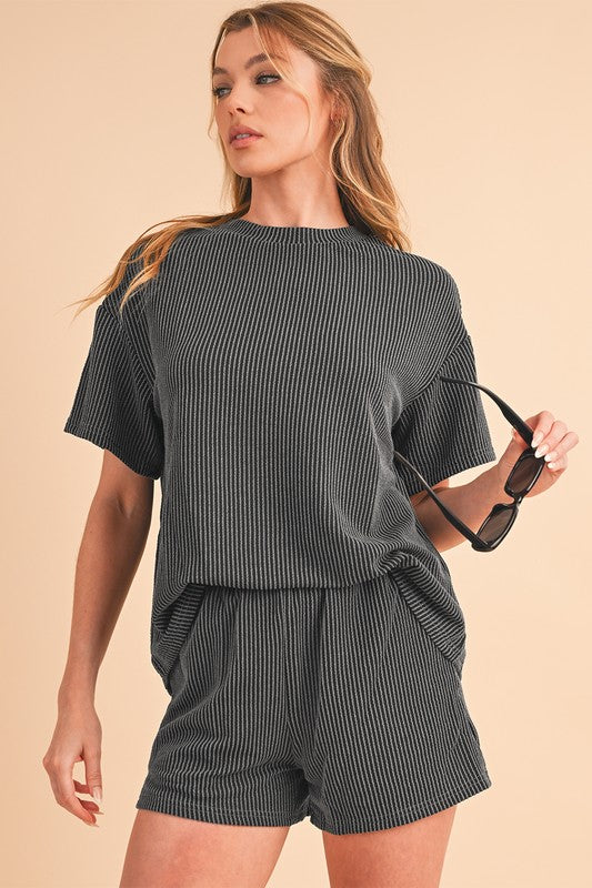 SHEWIN Ribbed Textured Knit Loose Fit Tee and Shorts Set