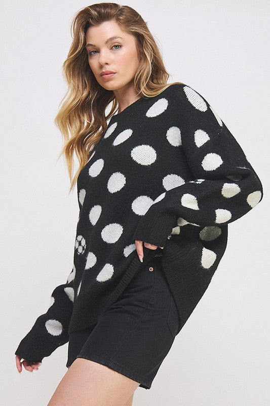 Jade By Jane POLKA DOT/SOCCER BALL LONG SLEEVE KNIT SWEATER