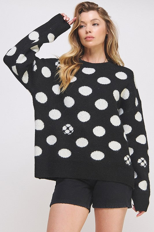 Jade By Jane POLKA DOT/SOCCER BALL LONG SLEEVE KNIT SWEATER