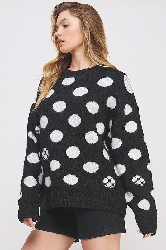 Jade By Jane POLKA DOT/SOCCER BALL LONG SLEEVE KNIT SWEATER